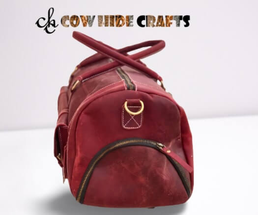 Red leather camping duffle