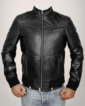 3 zipper pockets on men's black leather flight bomber jacket