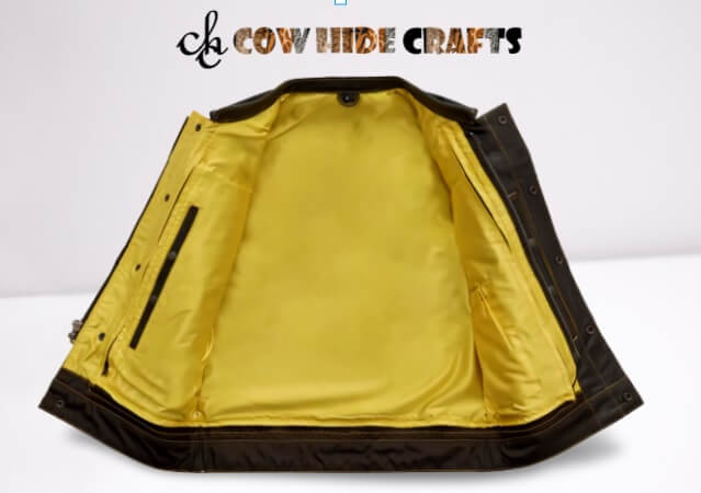Yellow thread stitching buttoned chest pocket rider vests.