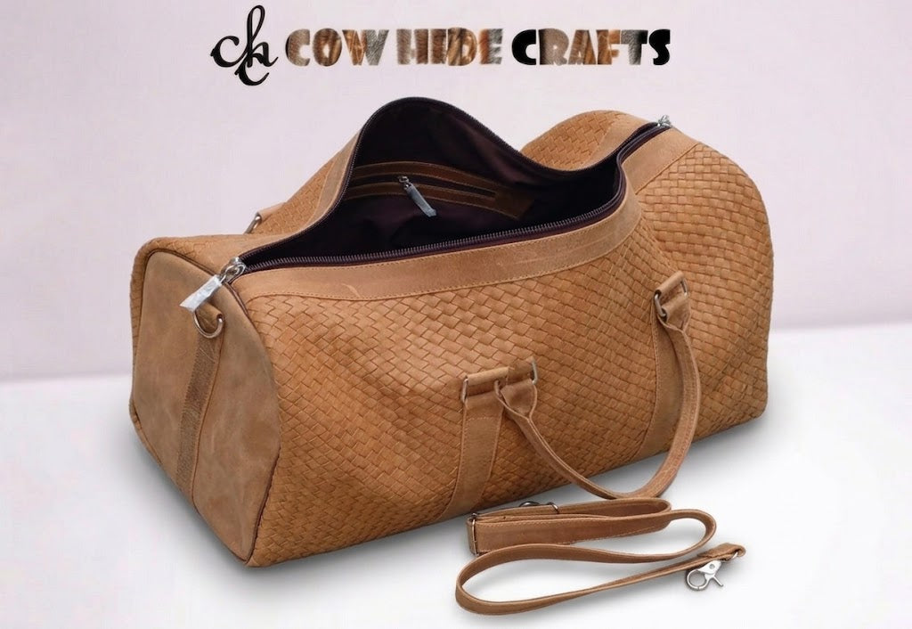 Artisan woven leather duffle bag spacious interior view