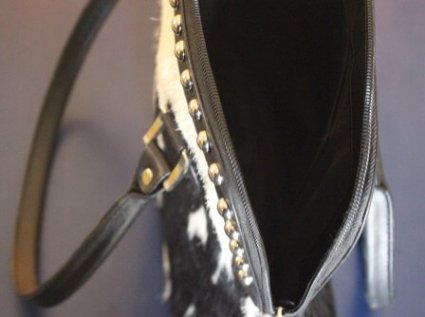 Black leather cowhide bucket handbag with zipper closure