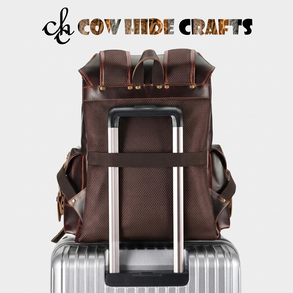 Leather travel backpack with padded mesh back and trolley sleeve