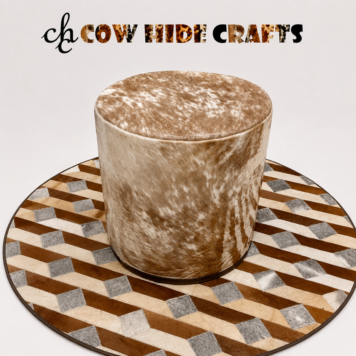 Round cowhide ottoman tan white drum stool 18x18
