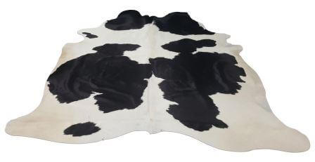 Brazilian cowhide rug with bold black patches on white background
