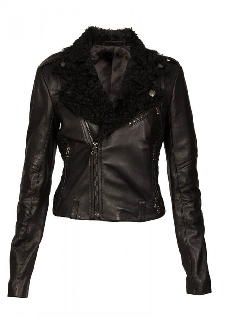 Asymmetric zipper on women's faux fur trim sheepskin leather jacket