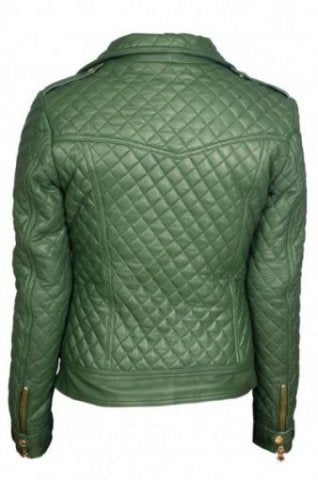 Asymmetric side zipper on women's green quilted leather jacket