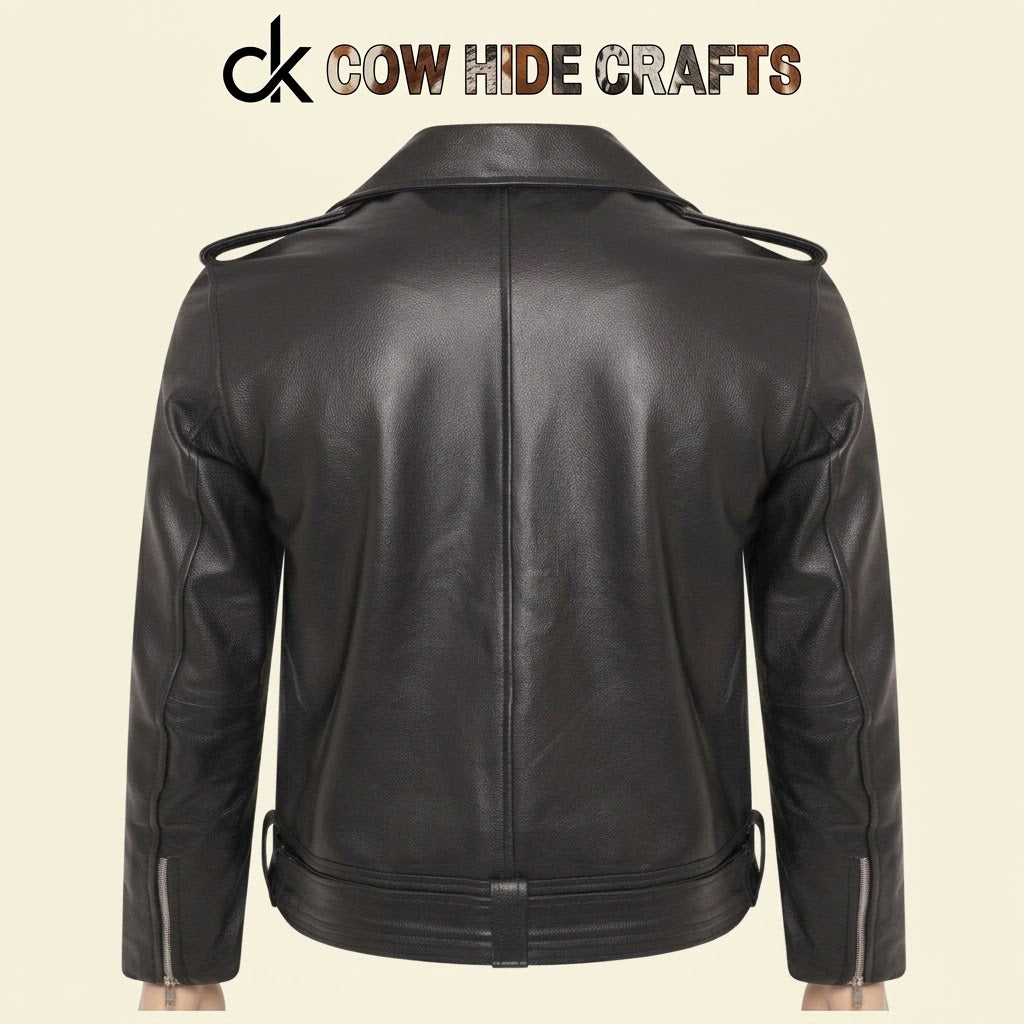 Back view of asymmetrical epaulet leather biker jacket