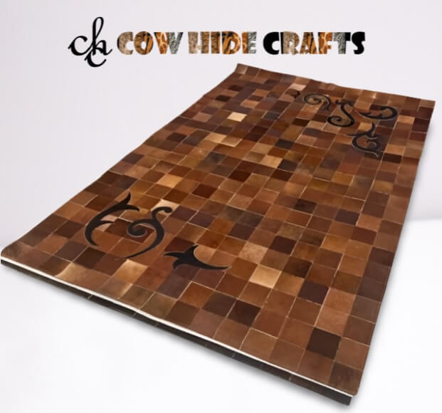 Black brown cowhide patchwork rug close detail