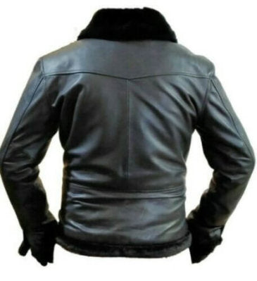 Black leather jacket fur cuffs detail