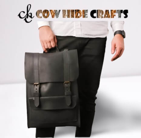 Black leather formal backpack flap closure