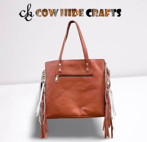 Brown cowhide bag backside leather and zipper pocket