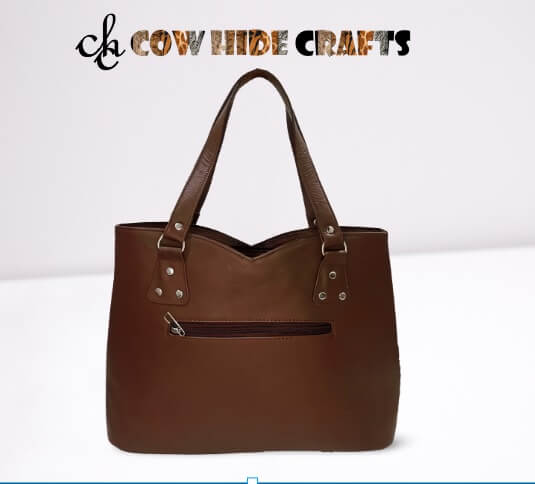 Brown cowhide bag dual handles outside back pocket