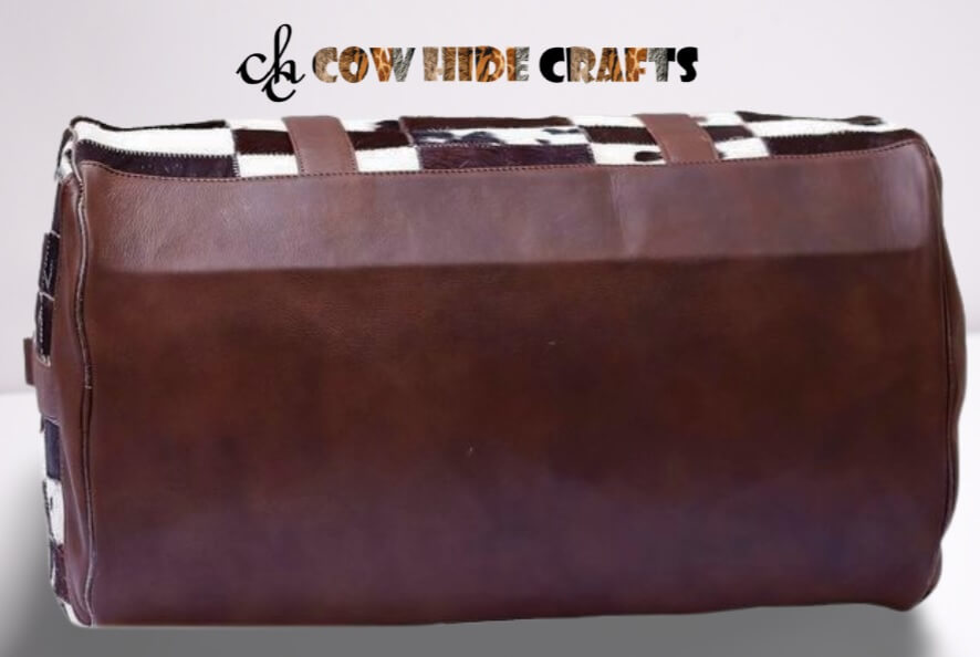Brown cowhide patchwork duffle reinforced base