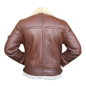 Back view of a brown leather aviator bomber jacket
