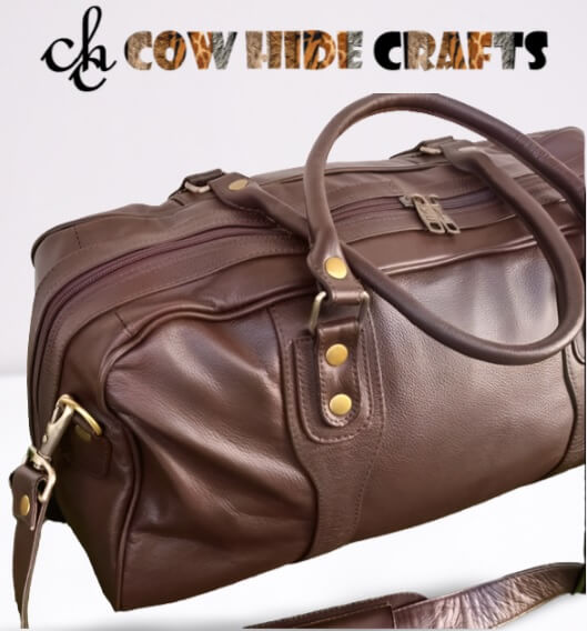 Brown leather weekender travel duffle