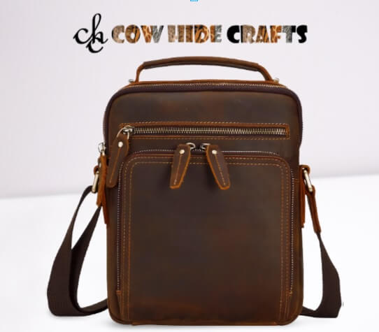 Brown oil pull up leather crossbody front view