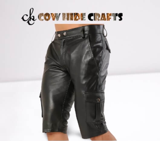 Button closure and belt loops black leather cargo shorts men