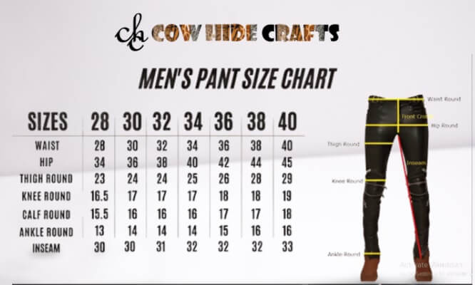 Male leather customize suits measurement chart.