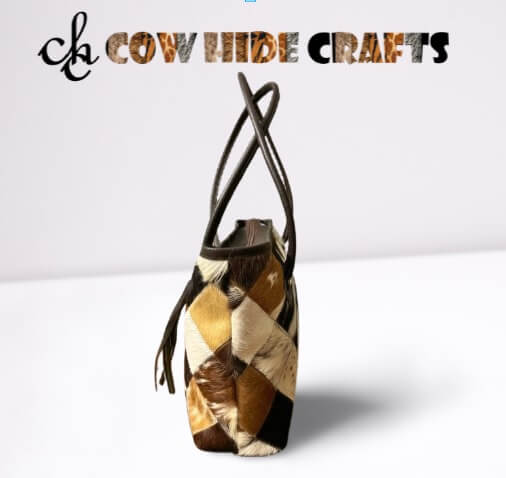 Colorful cowhide patchwork tote bag leather tassel detail