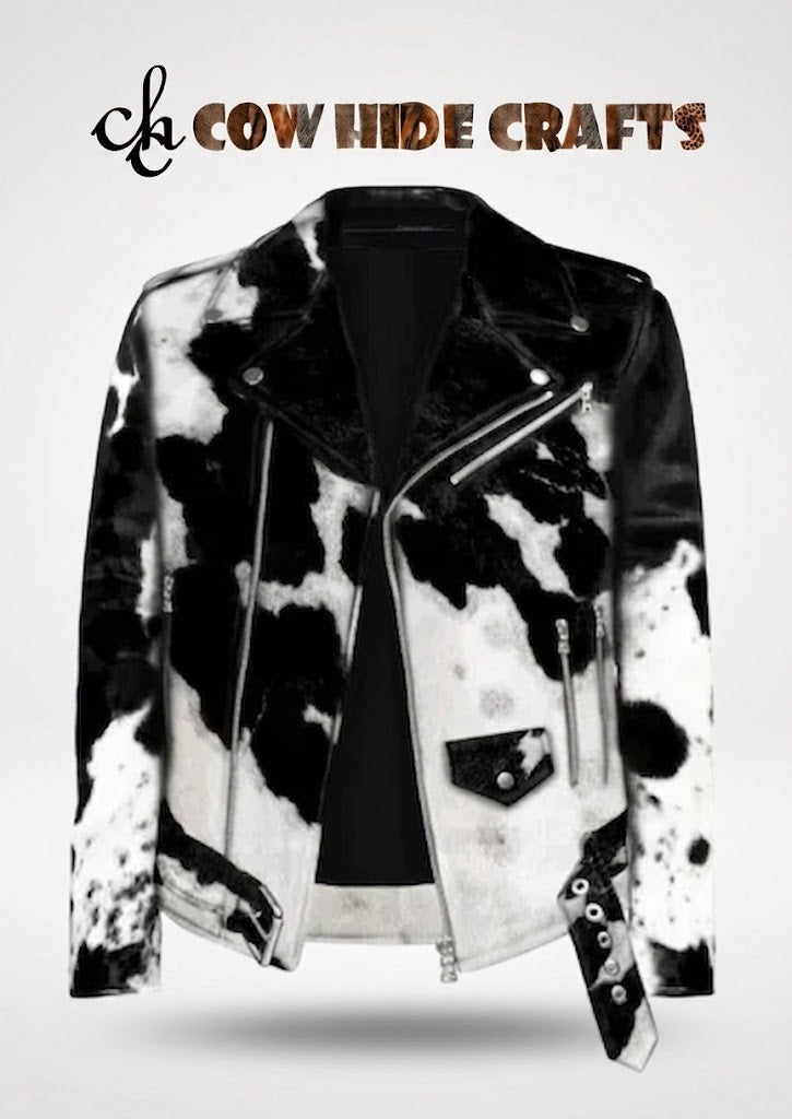 Asymmetric front zipper closure detail on cowhide biker jacket