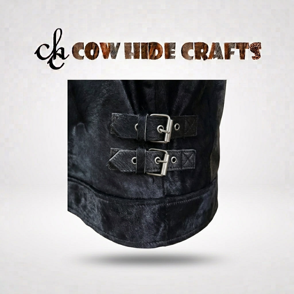 Double buckle strap detail on cowhide biker jacket waist