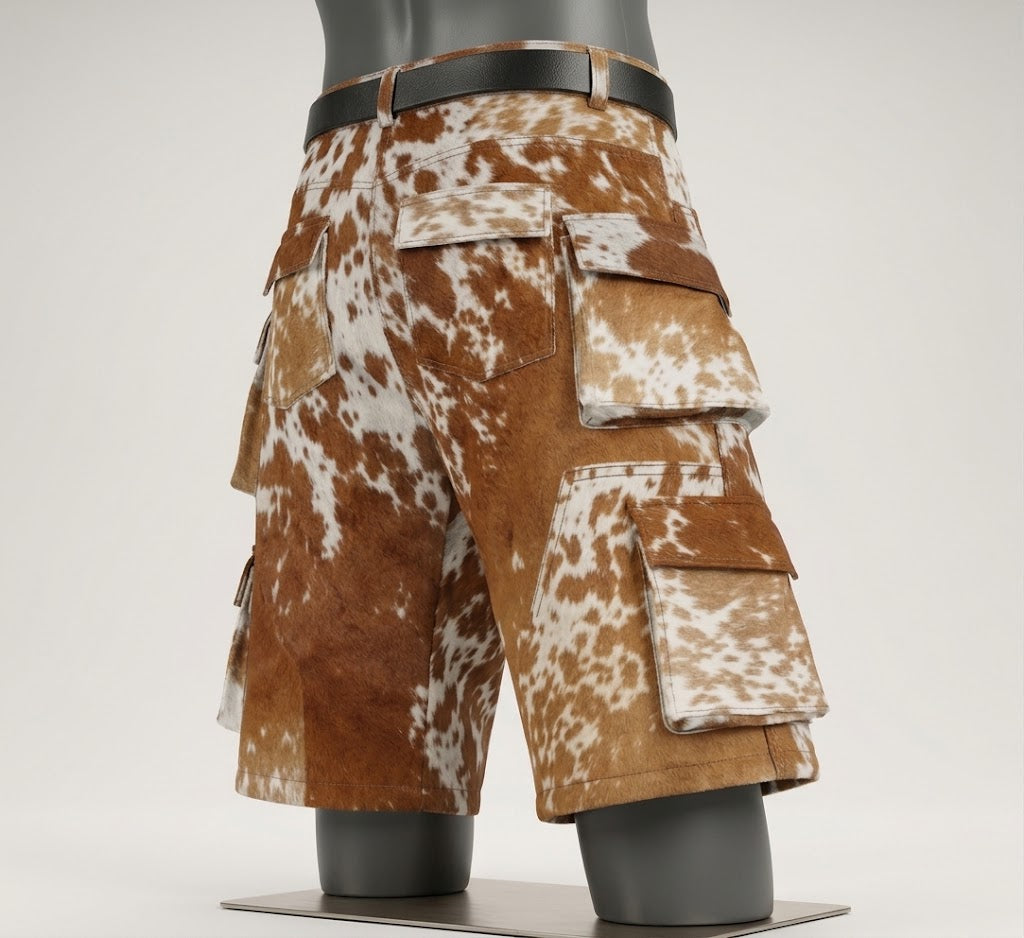 Waistband and belt loop detail on cowhide cargo shorts