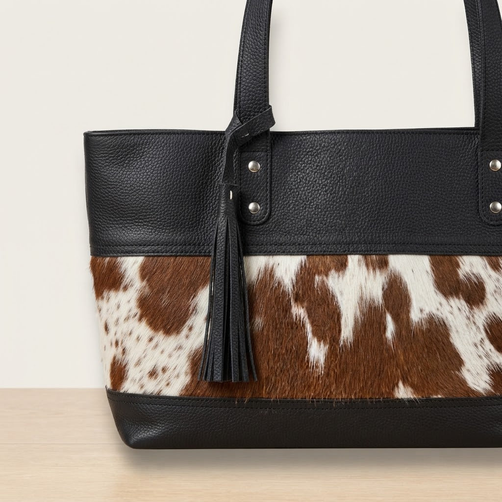 Fringe tassel charm detail on cowhide structured tote bag