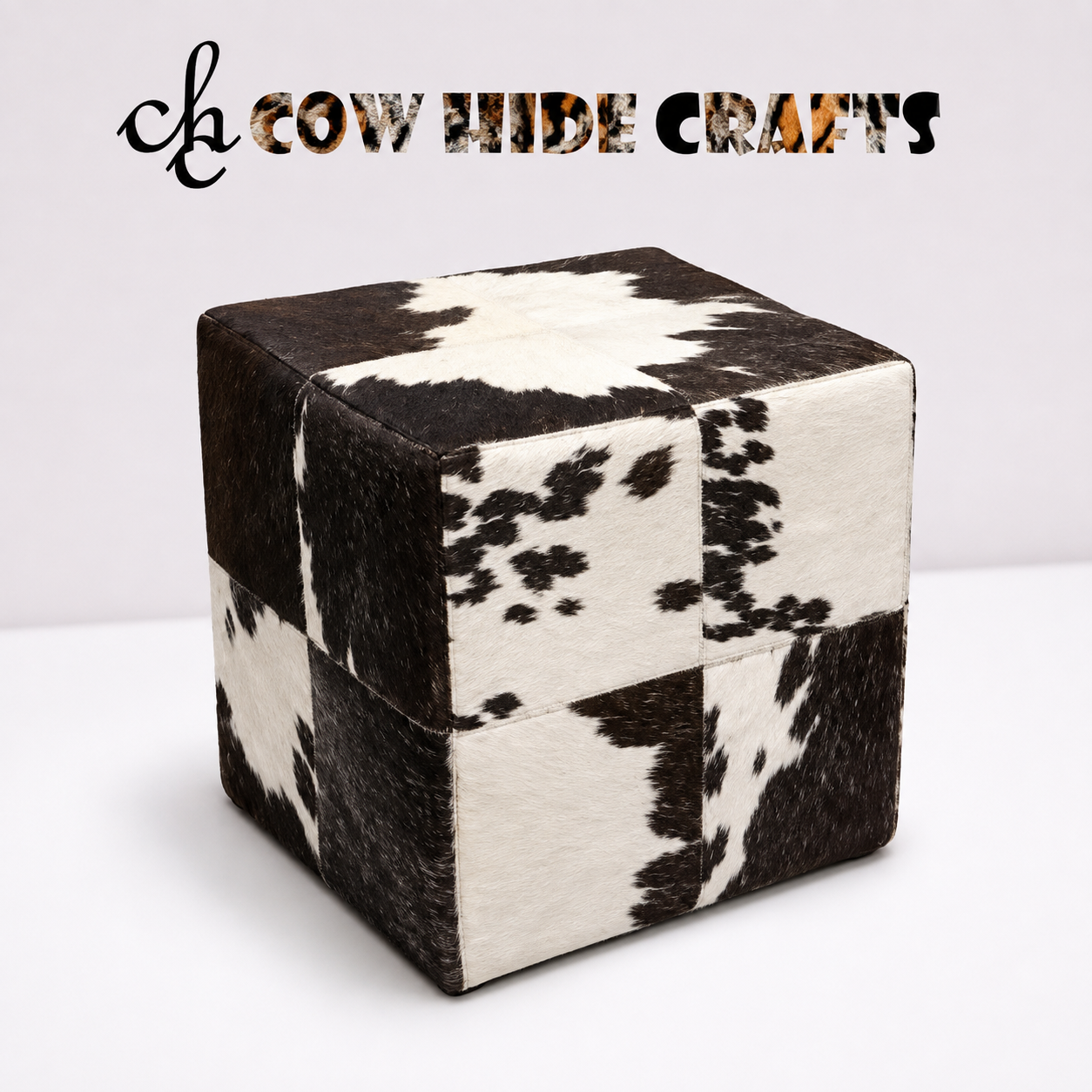 Cowhide cube ottoman black white 18x18 pouf footstool