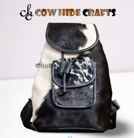 Cowhide Drawstring Backpack – Black White Hair Flap