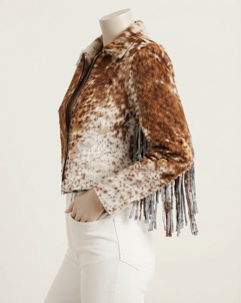 Sleeve fringe detail on western cowhide jacket