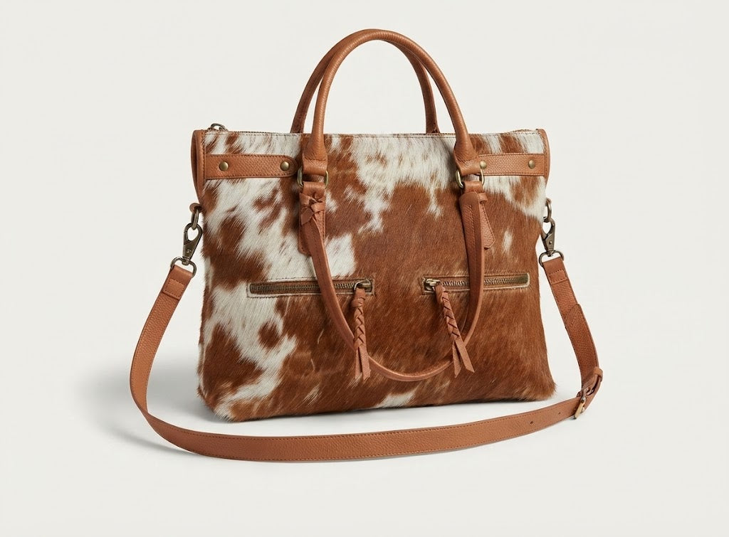 Front zip pocket with leather fringe pull tab on cowhide messenger tote