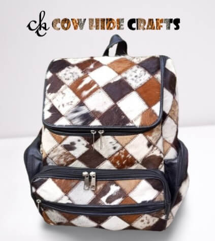 Cowhide patchwork rucksack four outside pockets