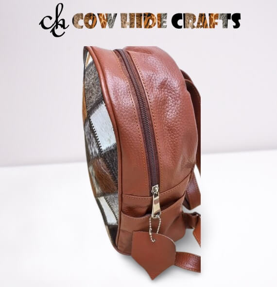 Cowhide patchwork mini backpack zipper closure