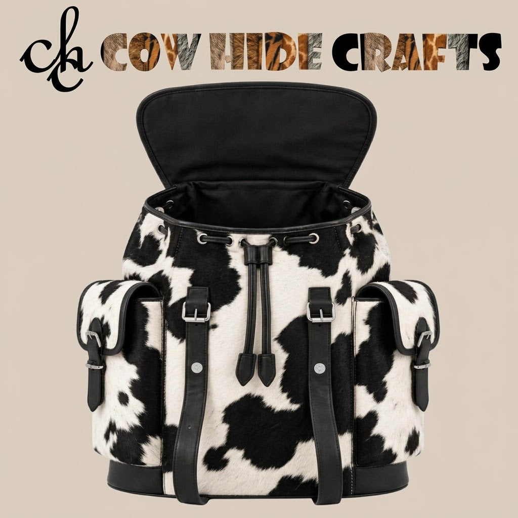 Top flap and drawstring detail on cowhide rucksack backpack