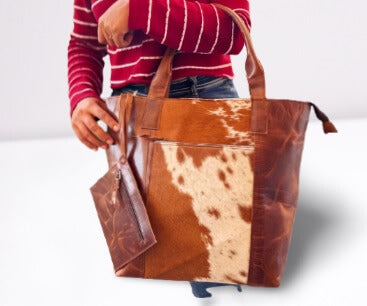 Cowhide shopper tote retro leather front