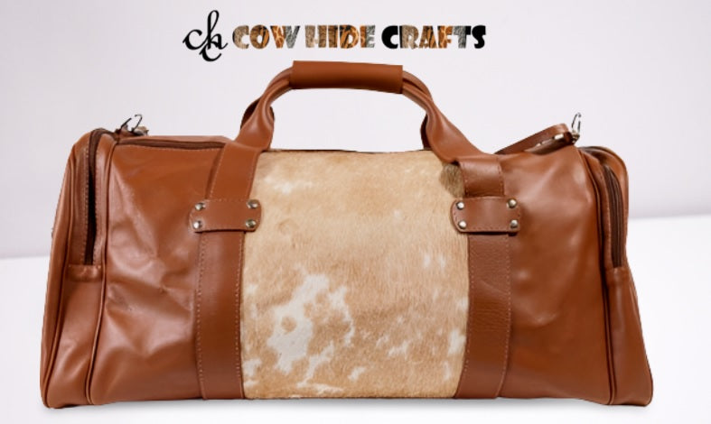 Beige Accent Cowhide Brown Leather Duffle