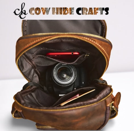 Leather side body travel bag with camera pocket