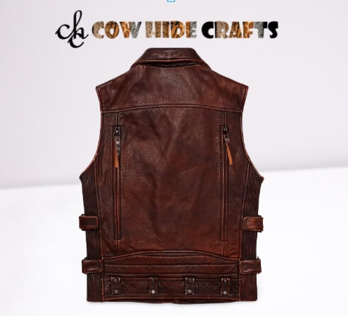 Full grain waxed leather brown cowboy vest.