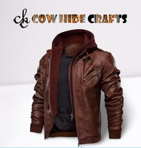 Double layer zip closure detail on brown hooded bomber jacket