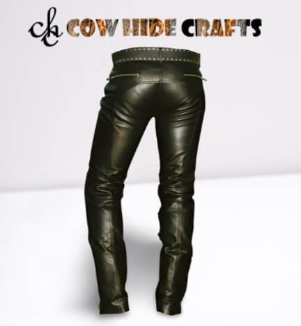 Back view of men's black genuine leather fancy style slim fit trouser with back zipper pockets