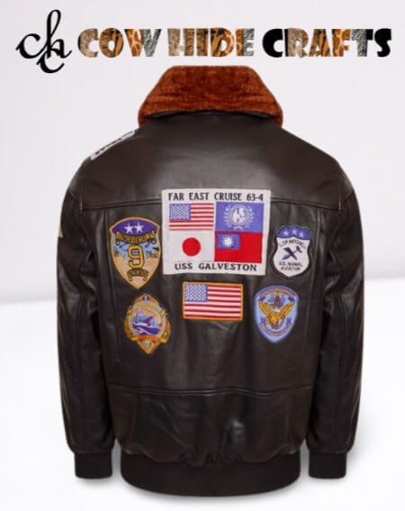 Faux fur collar detail on Top Gun inspired leather jacket