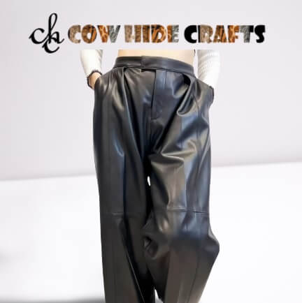 Front hook closure on wide leg blue leather pants women