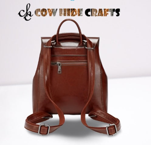 Brown Leather Flap Closure Women Rucksack