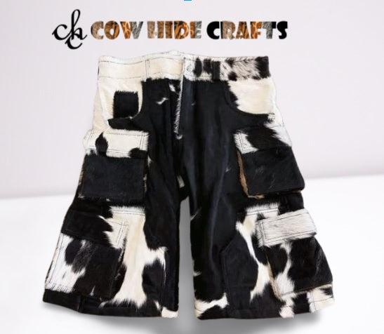 Hair-on cowhide cargo shorts front view in black and white pattern