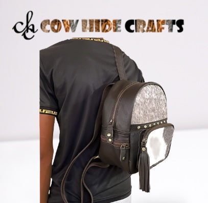 Grey and white cowhide leather rucksack small backpack