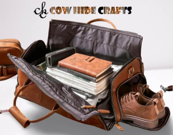 High quality travel essentials leather duffle side pocket and shoe compartment detail