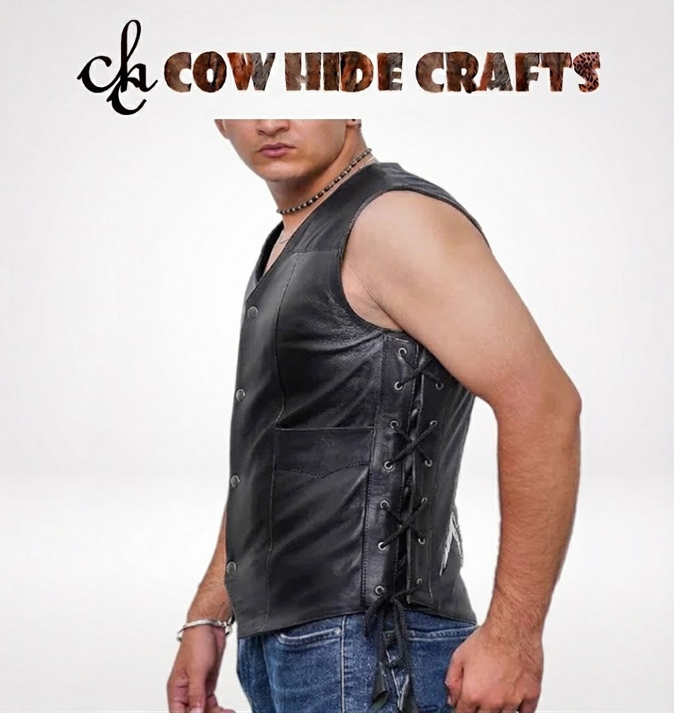 Lace-up side panel detail on black leather biker vest