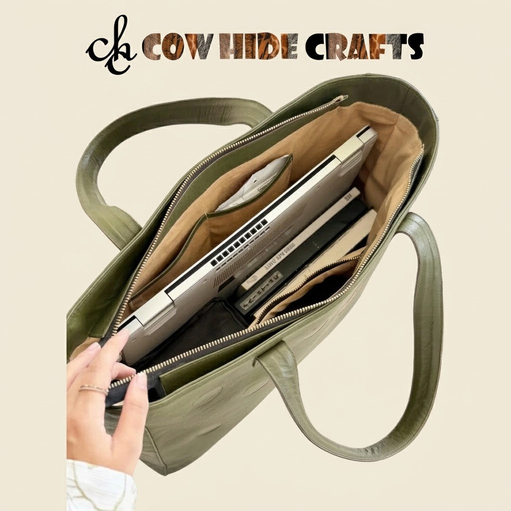 Tan velour interior lining organization inside leather work tote