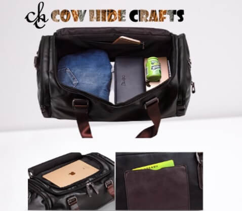 premium leather black travel duffle bag
