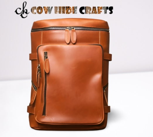 Tan glossy leather casual backpack